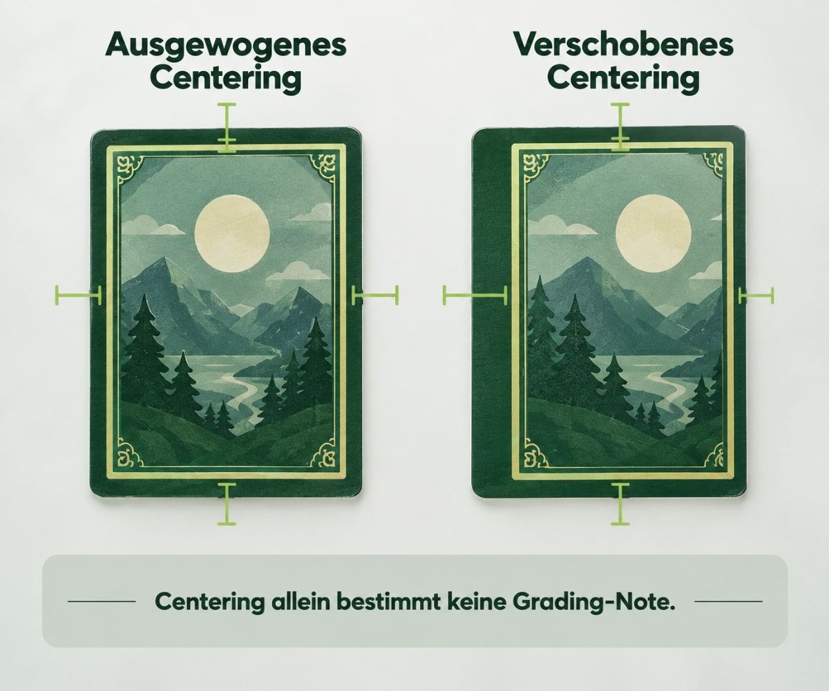 Zwei unbeschädigte Beispielkarten mit mittigem und seitlich verschobenem Druckbild; gegenüberliegende Ränder sind markiert.
