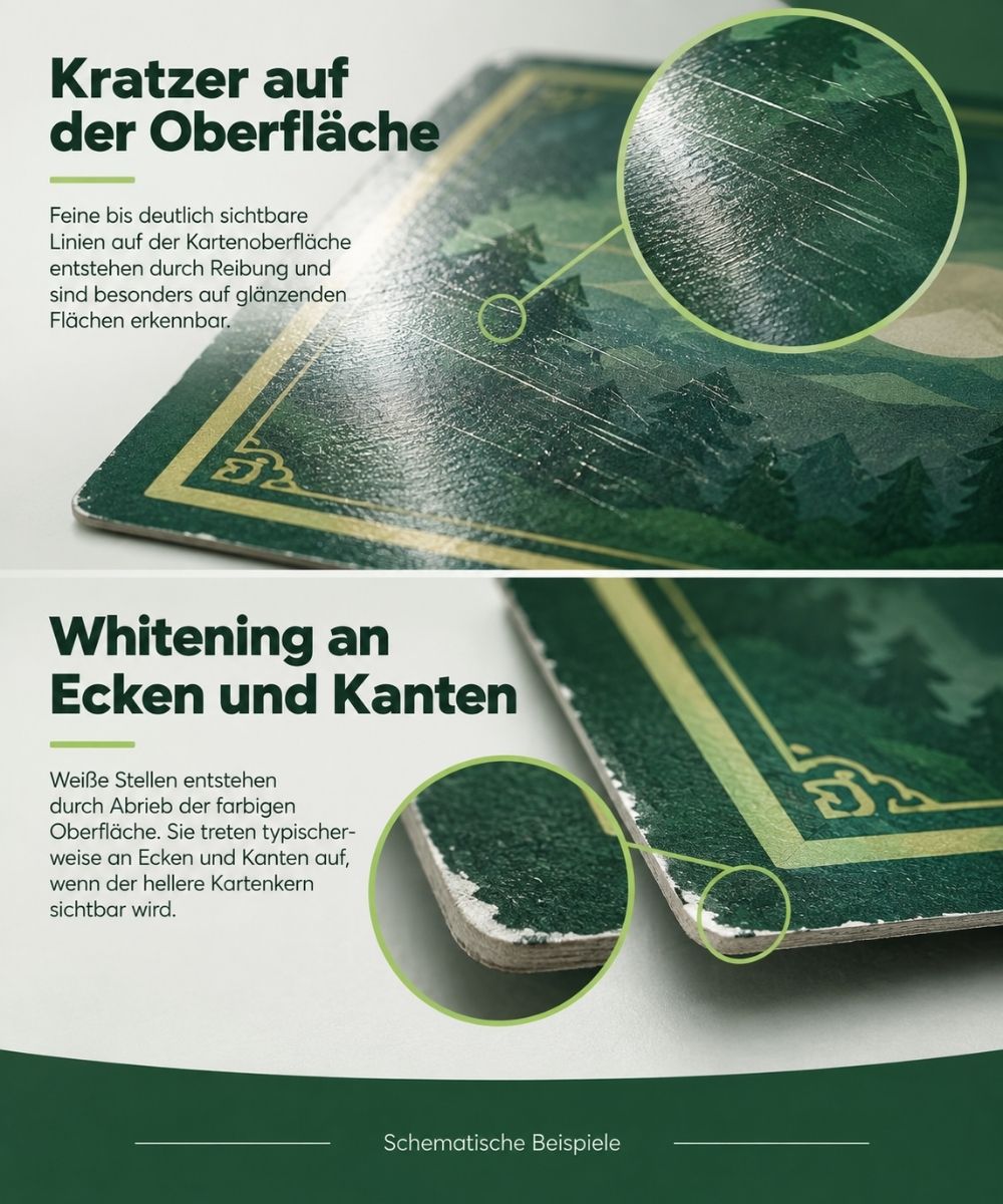 Detailansichten zeigen feine Kratzer auf einer glänzenden Kartenfläche und weißen Abrieb an einer dunkel bedruckten Kartenecke.