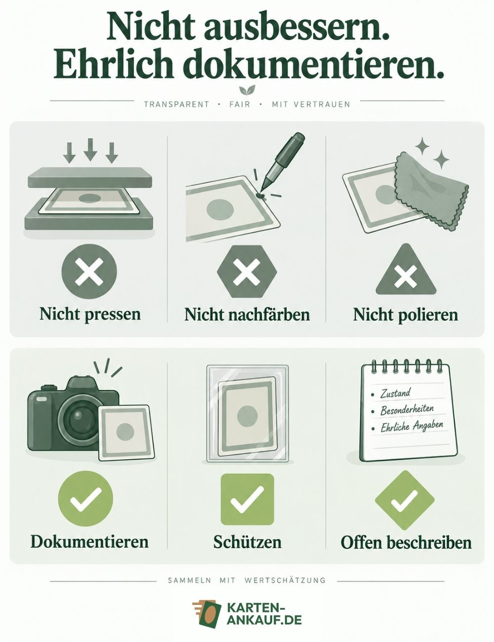 Durchgestrichene Symbole für Pressen, Nachfärben und Polieren stehen den Handlungen Dokumentieren, Schützen und offen Beschreiben gegenüber.