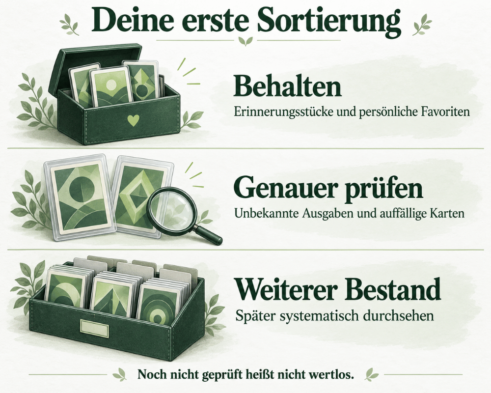 Drei Sortierbereiche für Erinnerungsstücke, genauer zu prüfende Karten und den weiteren Bestand.