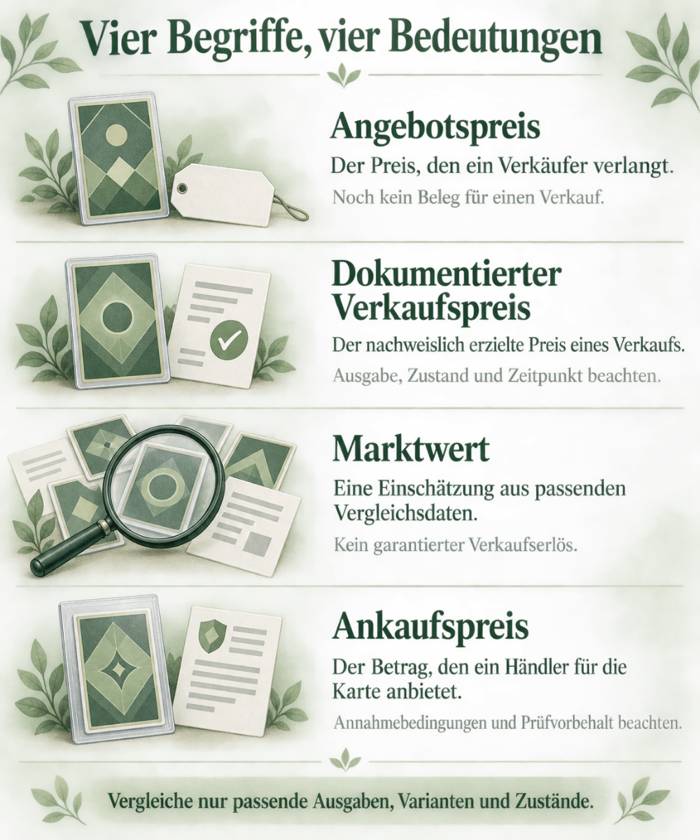Vier Preisbegriffe beim Sammelkartenverkauf mit jeweils einer kurzen Erklärung.
