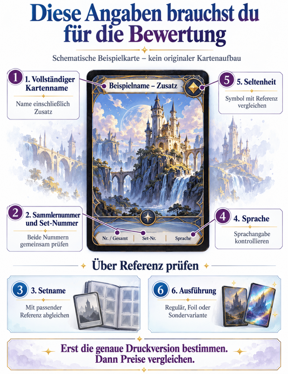 Schematische Sammelkarte mit sechs Angaben zur Identifikation für einen Preisvergleich